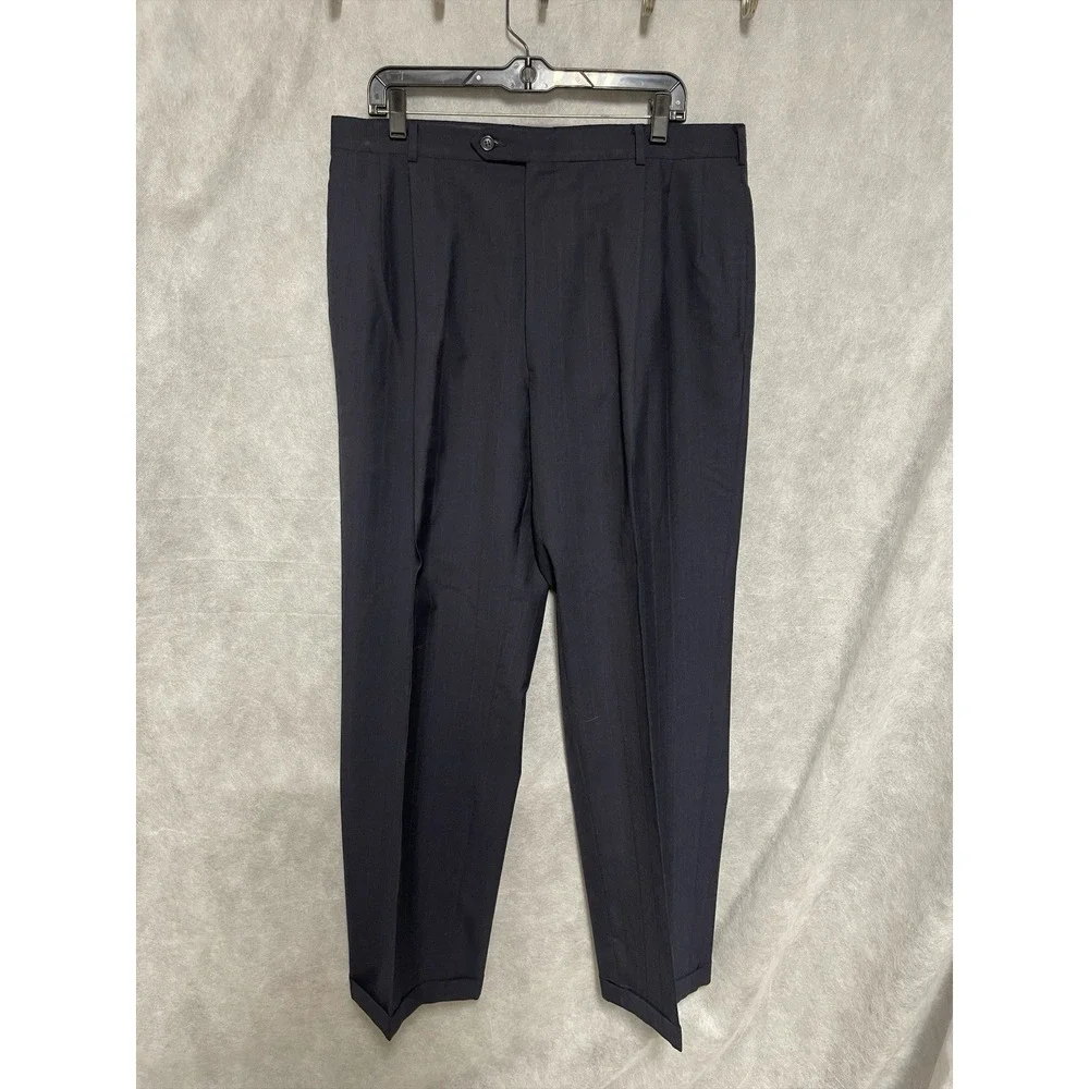 Perry Ellis Suit Men 42R Navy Striped Double Breasted Wool 36x32 Pants Luxury